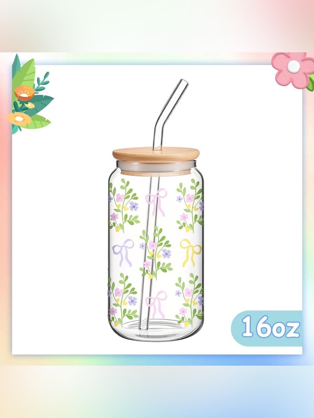 Floral Mason Jar Tumbler with Bamboo Lid & Straw - Pink, Purple, Yellow, Green